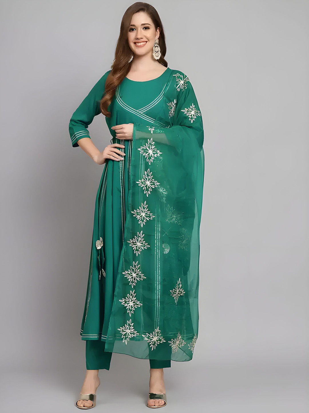 

TOP 2 BOTTOM Striped Angrakha Panelled Anarkali Kurta With Trousers & Dupatta, Green