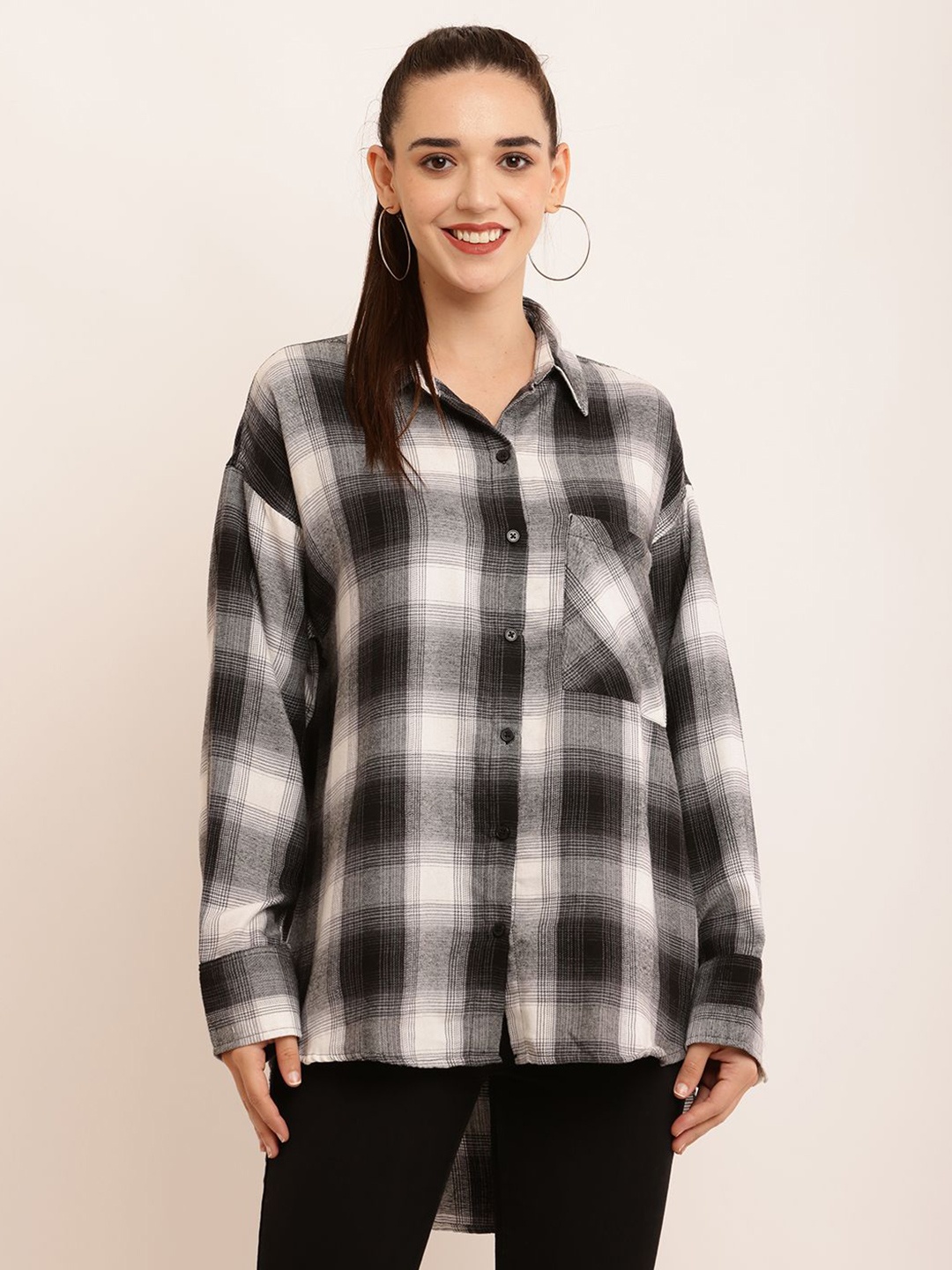 

NoBarr Women Spread Collar Tartan Checked Casual Shirt, Black