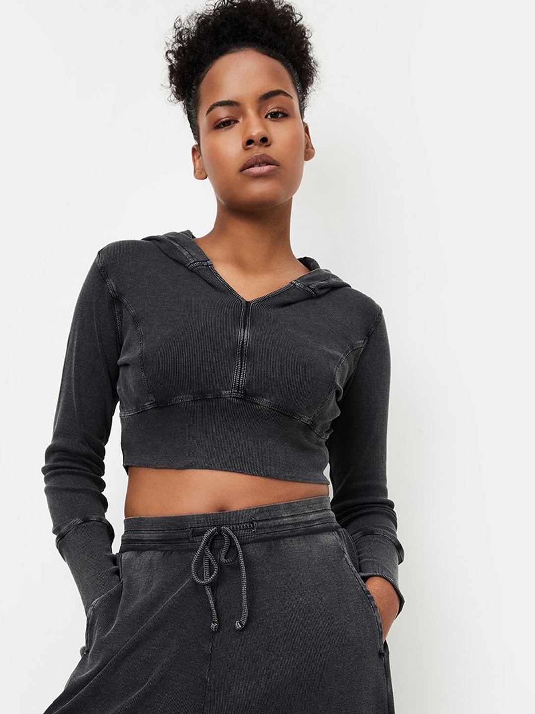 

max Women Solid Hood Cotton T-shirt, Grey