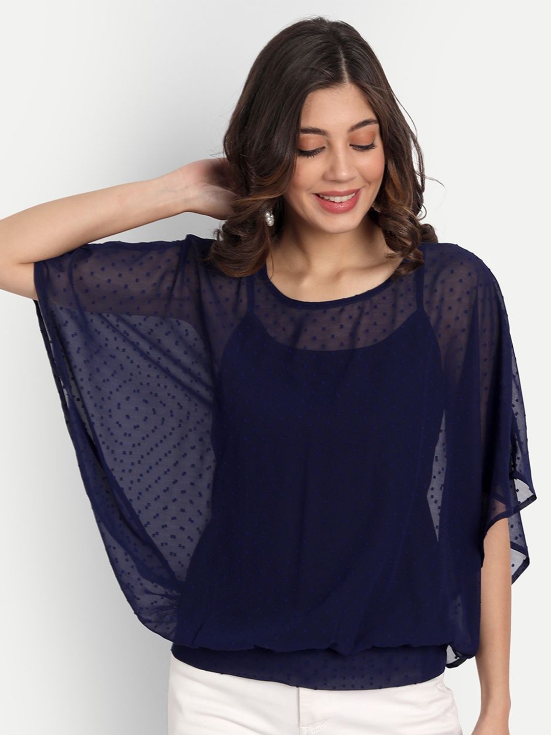 

ESSQUE Women Self Design Sheer Round Neck Top, Navy blue