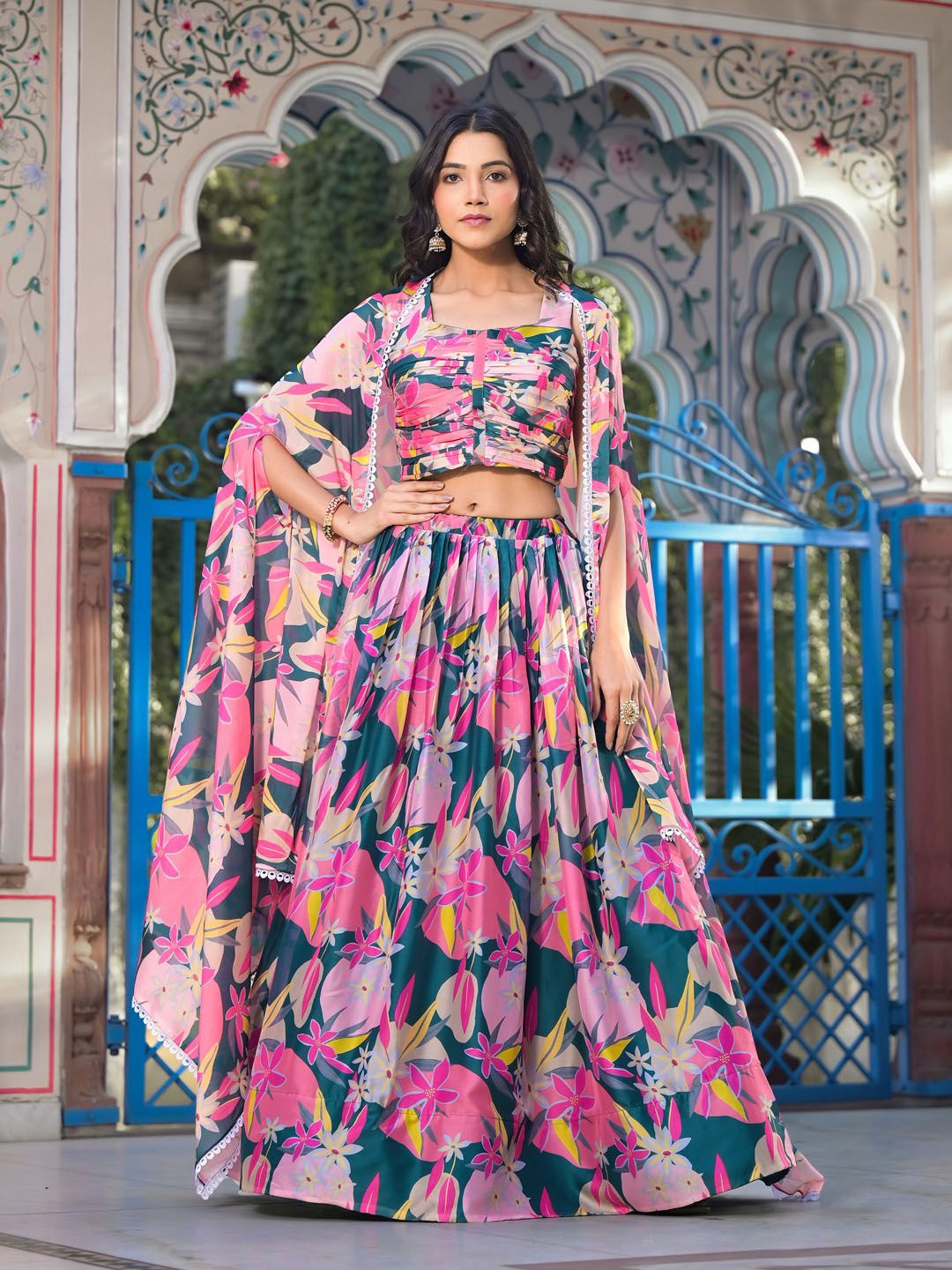 

Meena Bazaar Floral Printed Ready to Wear Lehenga & Blouse With Dupatta, Pink