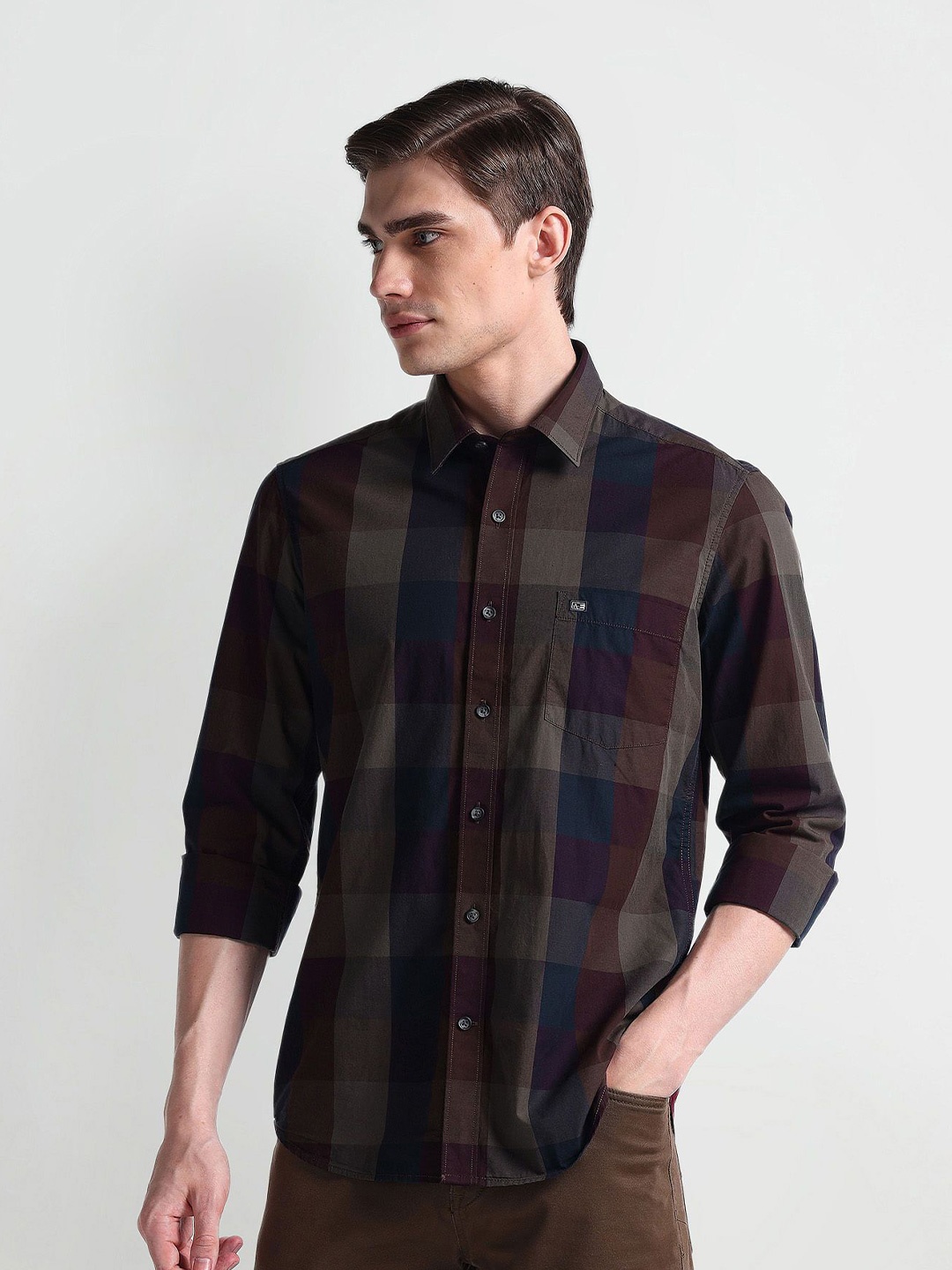 

Arrow Sport Men Smart Spread Collar Tartan Checked Cotton Slim Fit Casual Shirt, Red