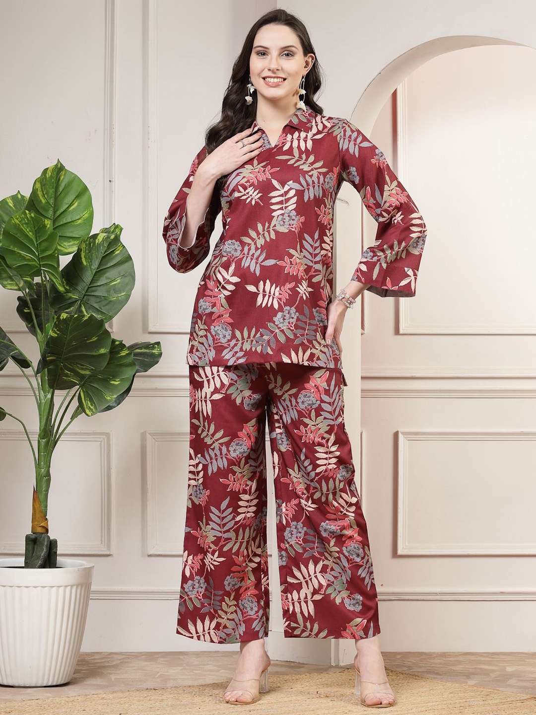 

KALINI Floral Printed Shirt Collar Top With Palazzo, Maroon