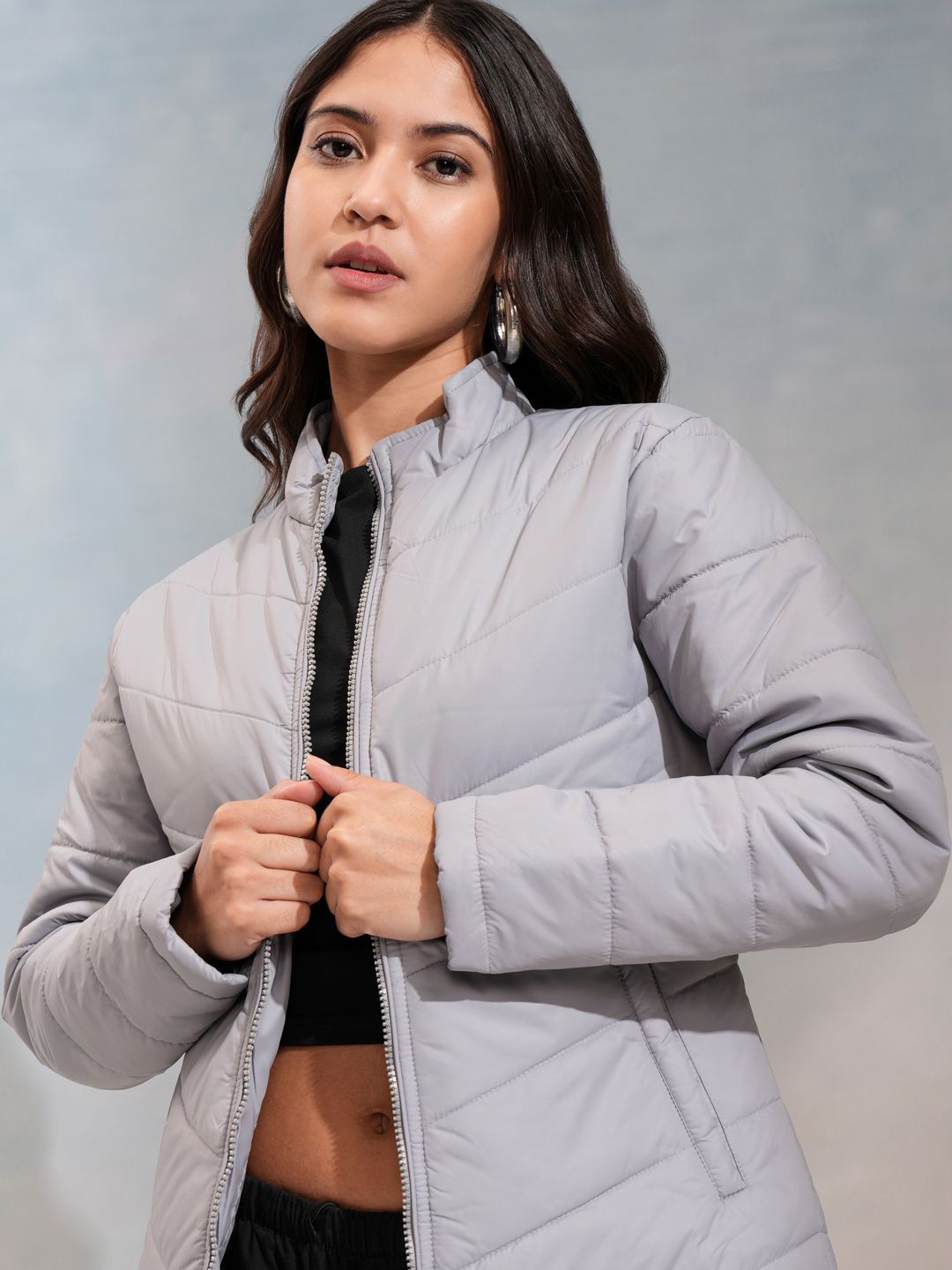 

Tokyo Talkies Women Solid Mock Collar Puffer Jacket, Grey