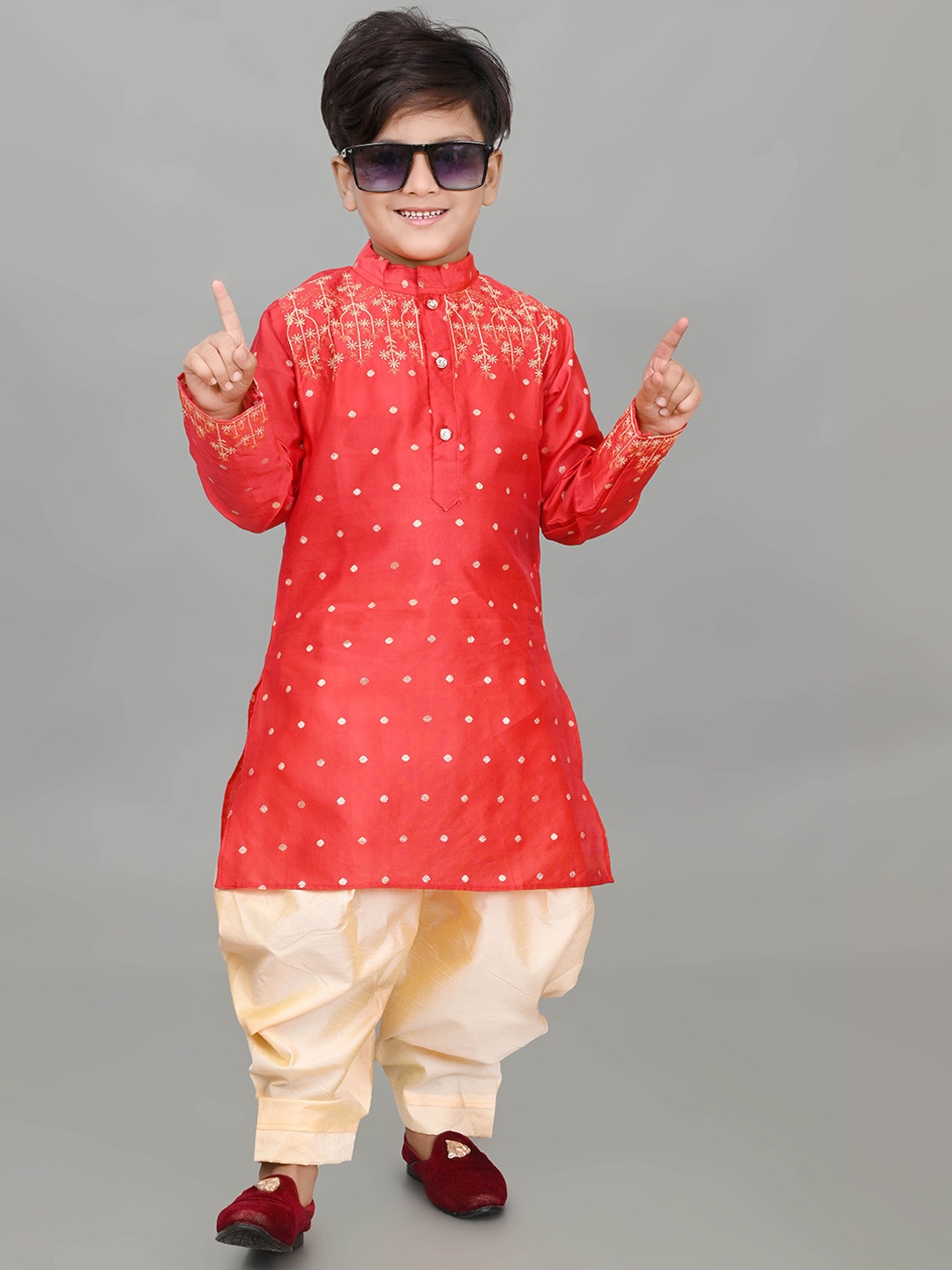 

NFC CREATION Boys Ethnic Motifs Embroidered Thread Work Dupion Silk Kurta With Patiala, Red