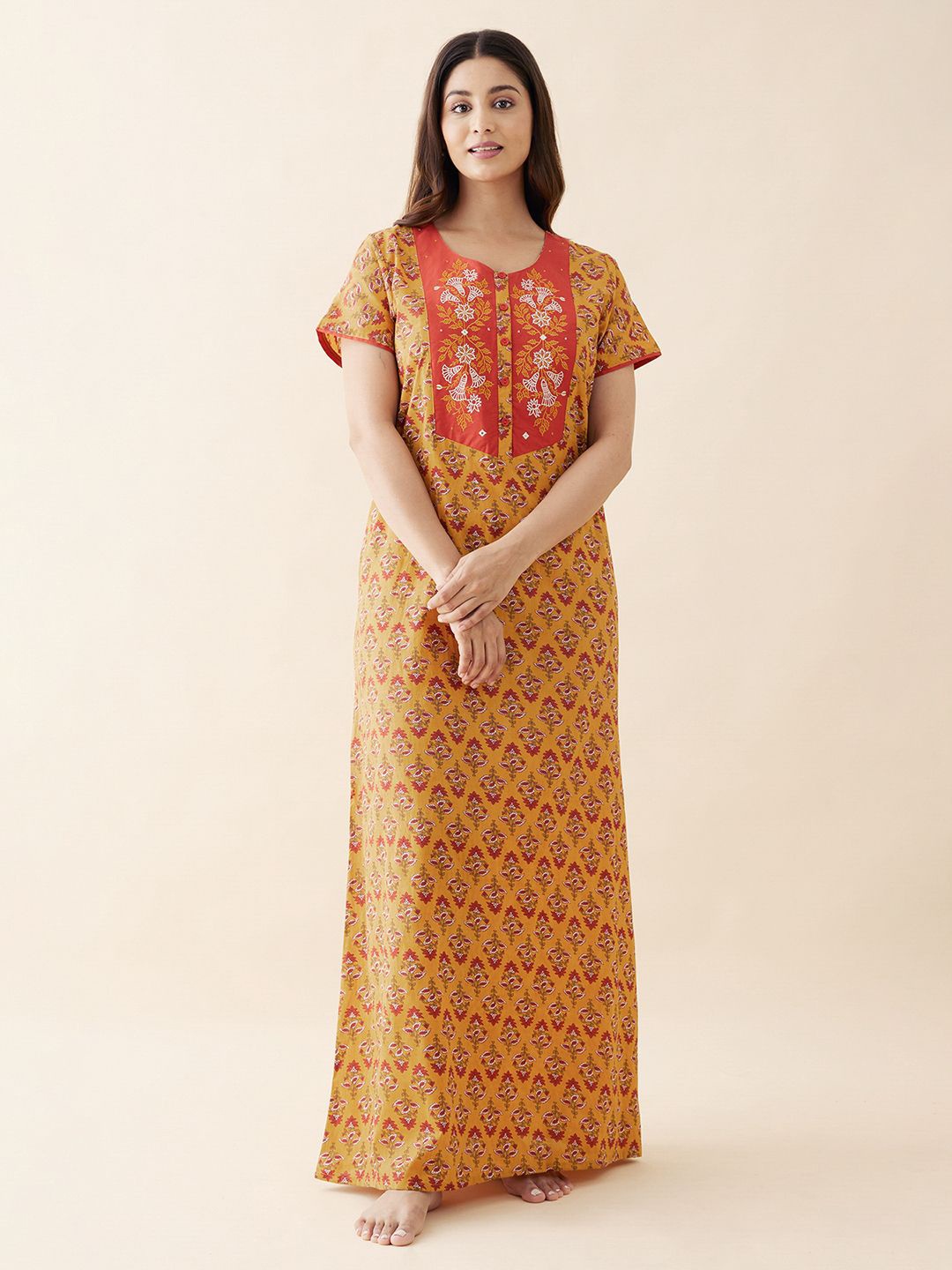 

Maybell Printed Pure Cotton Maxi Nightdress, Mustard