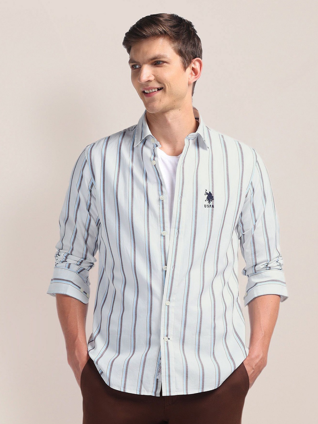 

U.S. Polo Assn. Men Classic Spread Collar Striped Cotton Casual Shirt, White