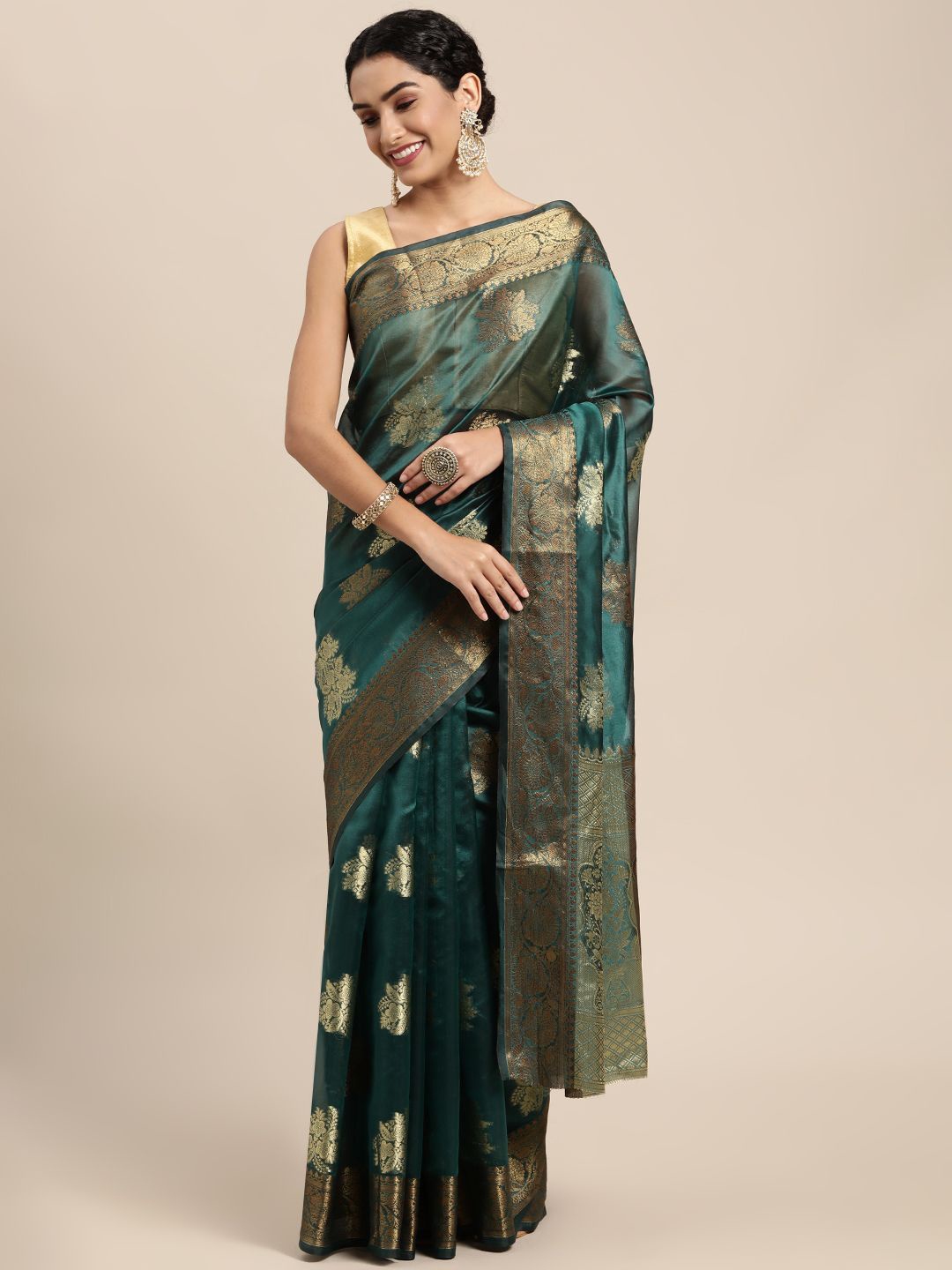 

KIMISHA Woven Design Zari Organza Kanjeevaram Saree, Green