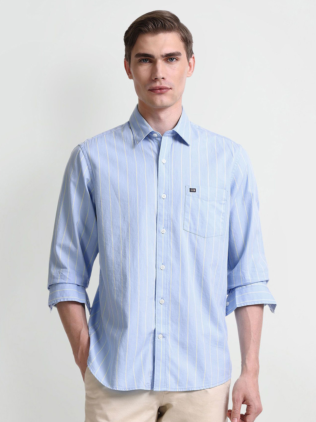 

Arrow Men Modern Spread Collar Vertical Striped Cotton Slim Fit Casual Shirt, Blue