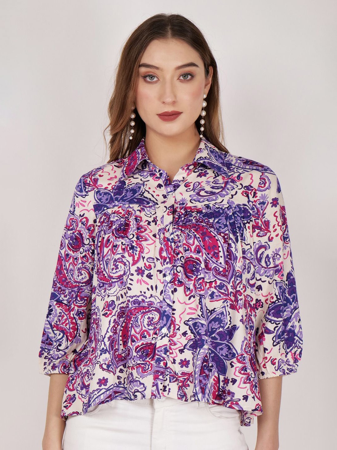 

Street22 Women Abstract Printed Shirt Collar Top, Purple