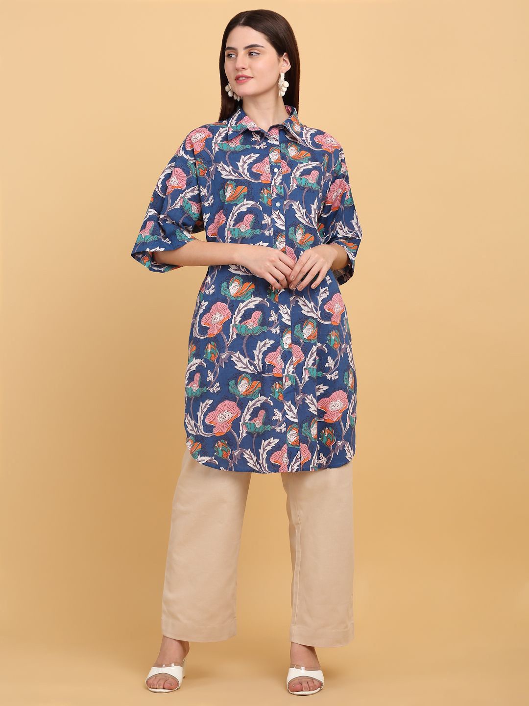 

SiaVira Ethnic Motif Shirt Collar Kurti, Navy blue