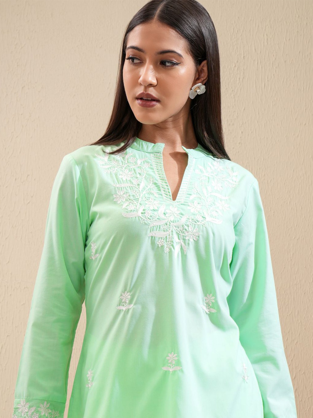 

Vishudh Women Solid Embroidered Mandarin Collar Polycotton Top, Green