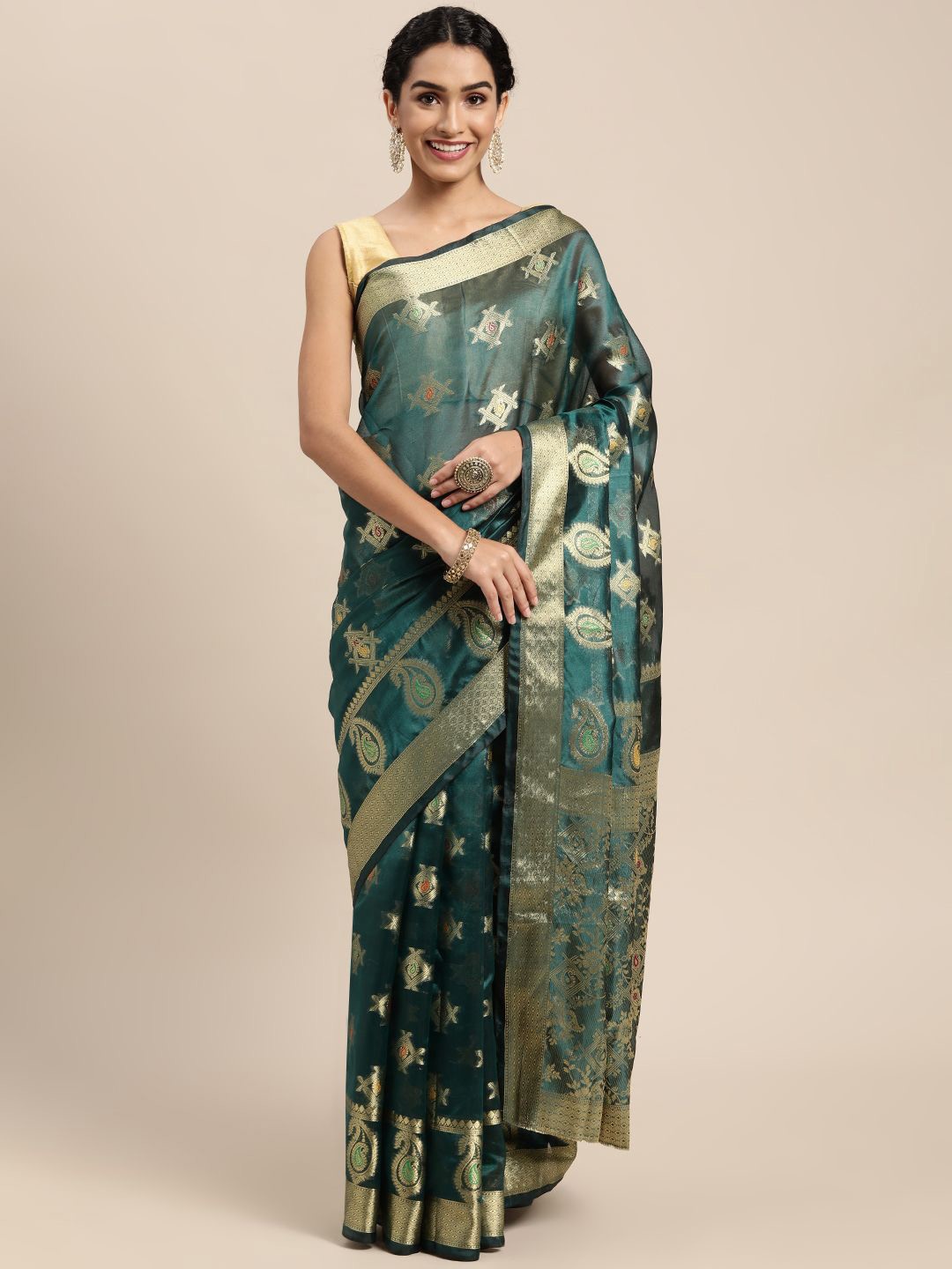 

KIMISHA Woven Design Zari Organza Kanjeevaram Saree, Green