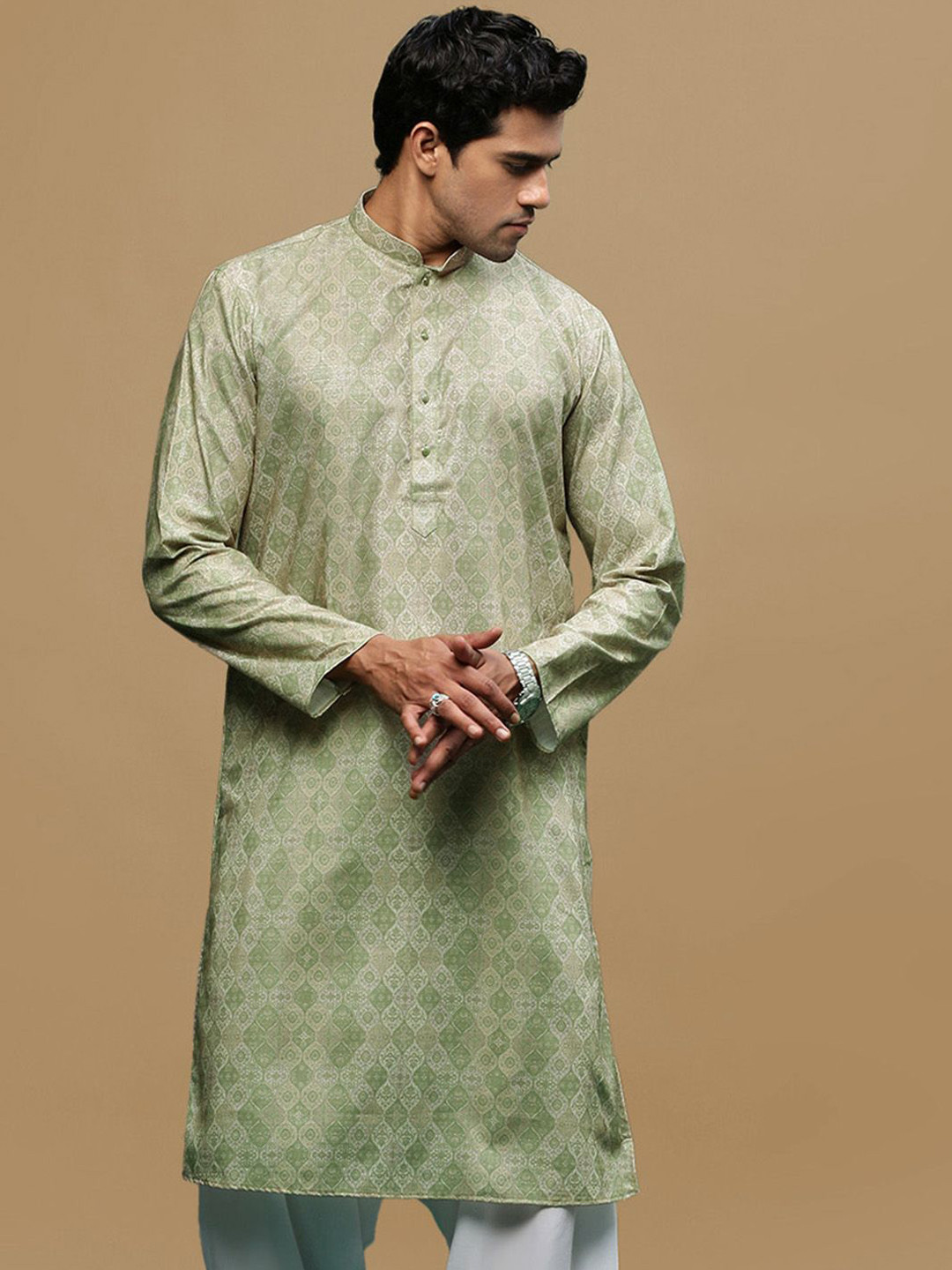 

Sanwara Ethnic Motifs Printed Mandarin Collar Cotton Straight Kurta, Green