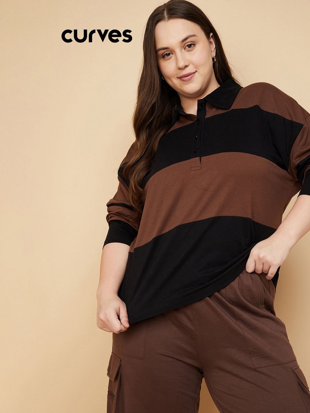 

max Women Colourblocked Polo Collar Cotton T-shirt, Brown