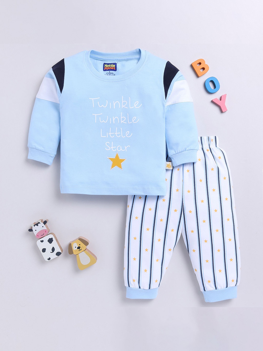 

Nottie Planet Boys Printed Pure Cotton T-shirt With Pyjamas, Blue