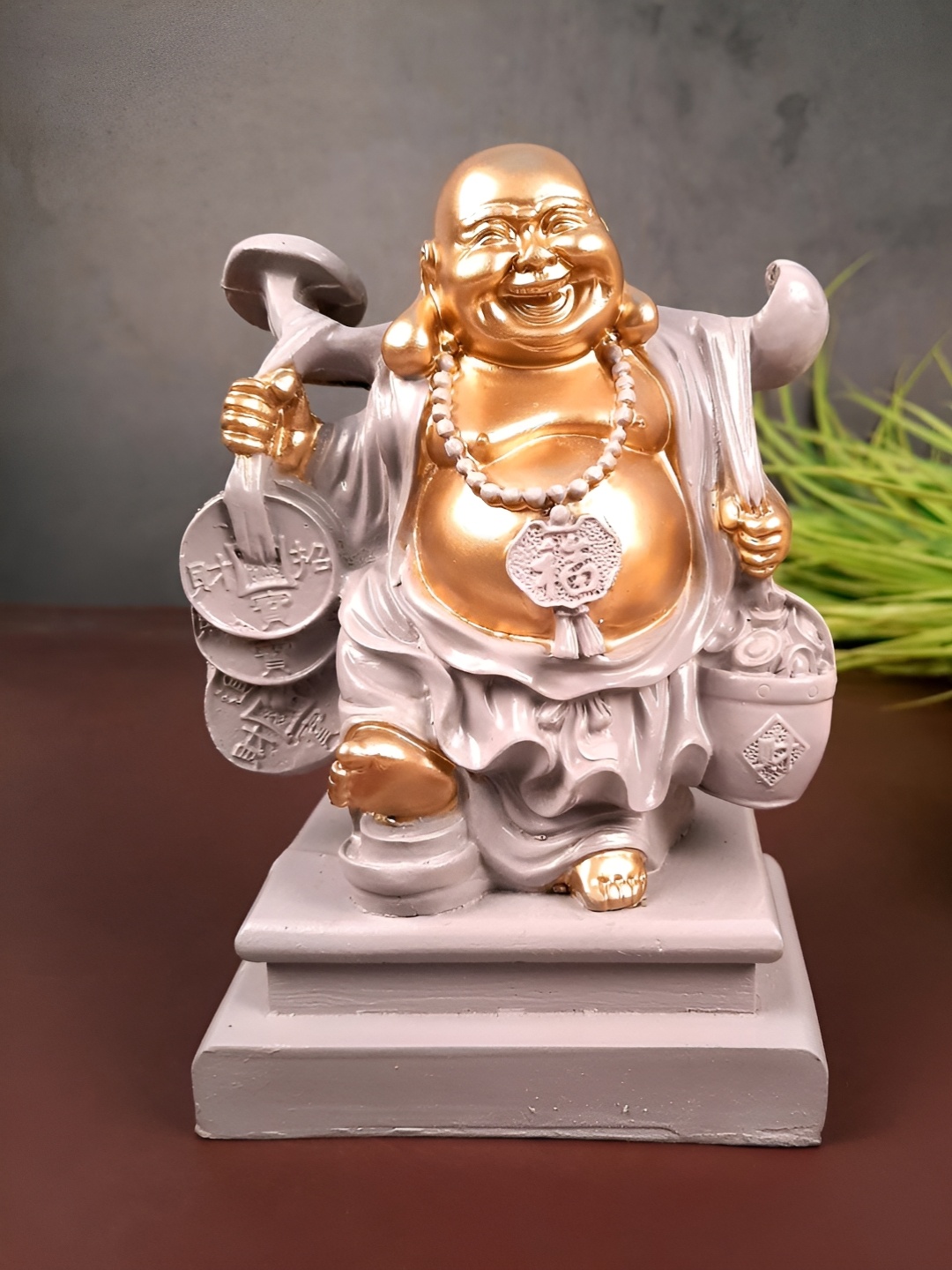 

apka mart Gold Toned & Grey Laughing Buddha Figurine Showpiece