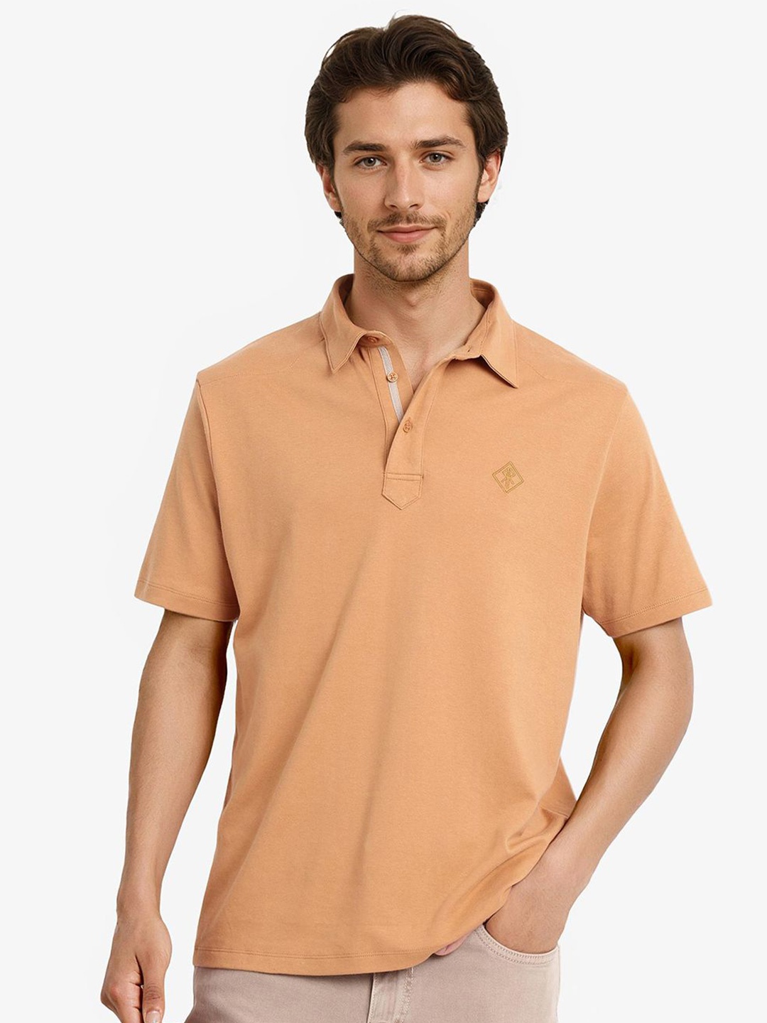 

RARE RABBIT Men Solid Polo Collar Cotton T-shirt, Mustard