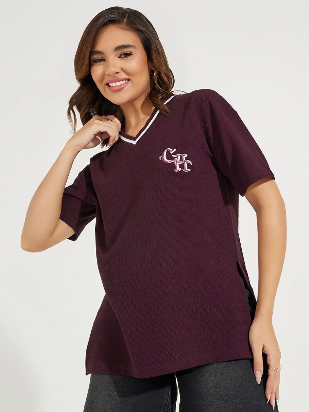 

Styli Oversized Contrast Neck Rib Embroidered T-Shirt, Purple