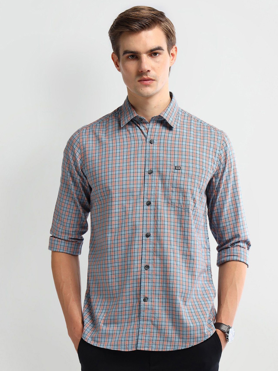 

Arrow Men Modern Spread Collar Tartan Checked Cotton Slim Fit Casual Shirt, Multi
