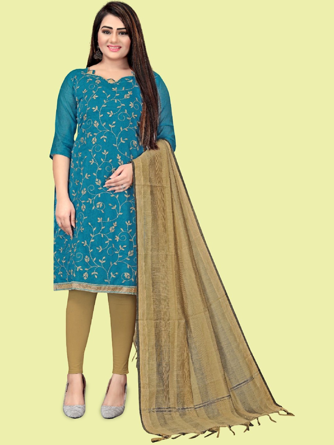

APNISHA Floral Embroidered Unstitched Dress Material, Turquoise blue