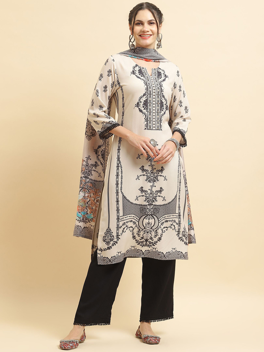 

Shree Floral Printed Liva Kurta With Trousers & Dupatta, Beige