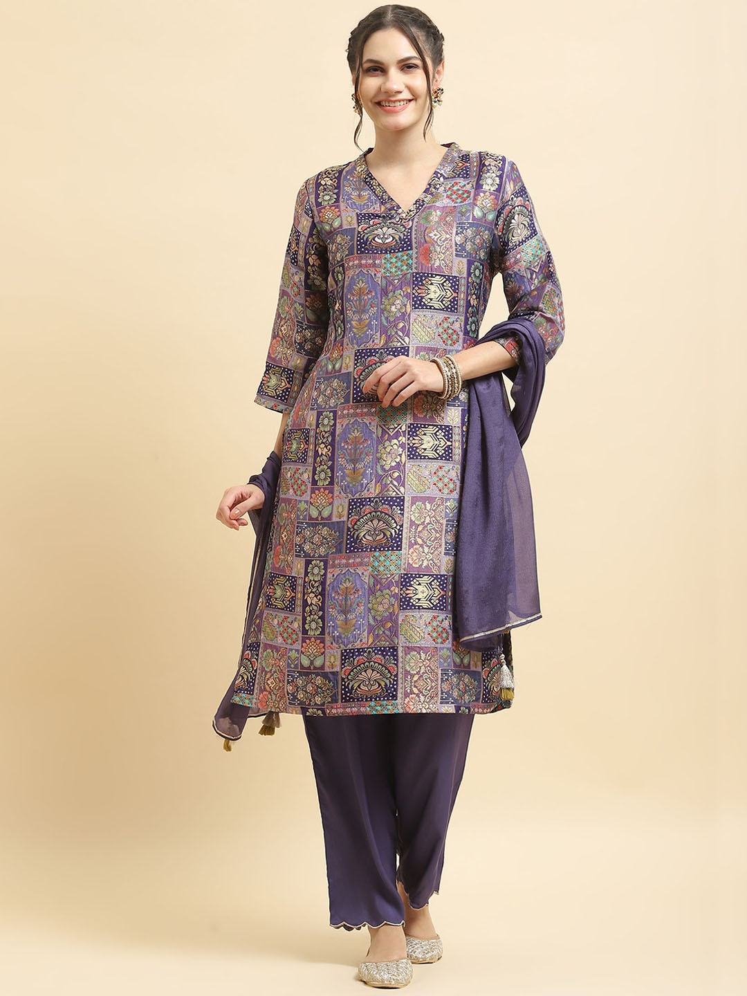 

Shree Floral Printed V-Neck Regular Kurta With Trousers & Dupatta, Purple