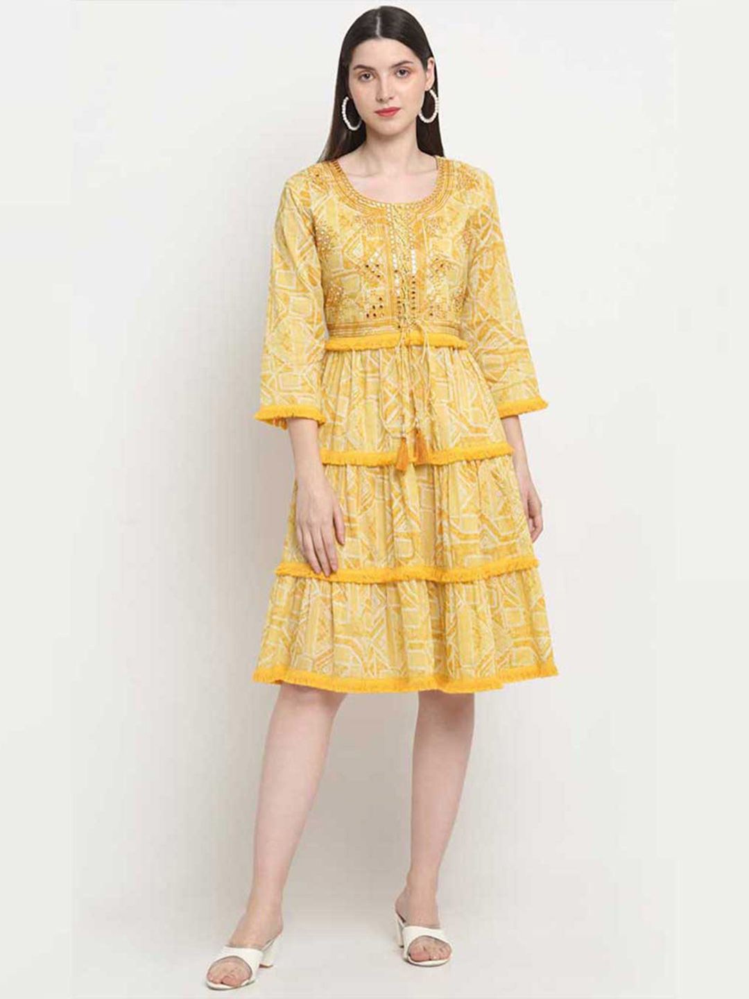 

ARAVALII Ethnic Motifs Embroidered Fit & Flare Tiered Dress, Yellow