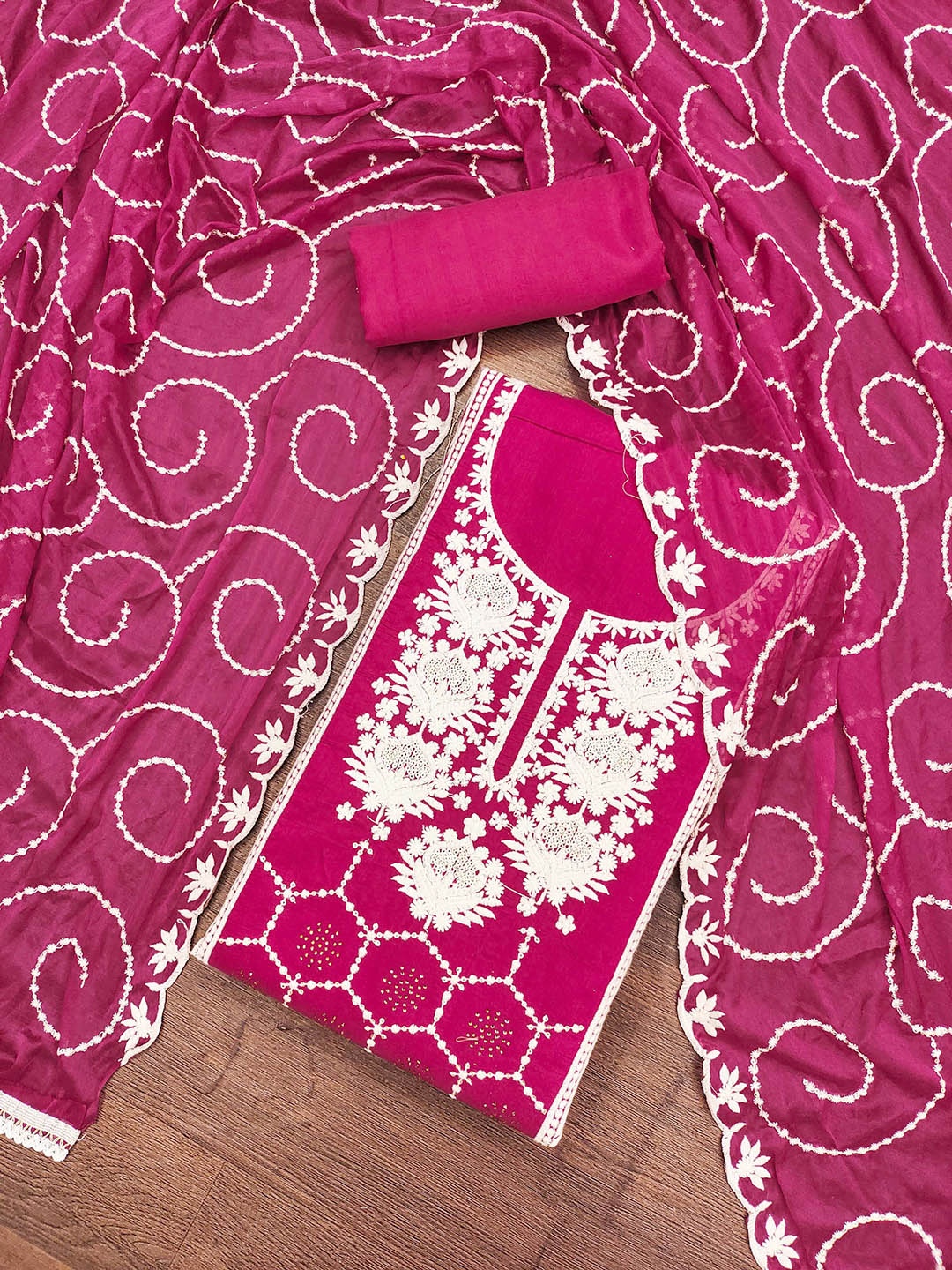 

KALINI Embroidered Unstitched Dress Material, Magenta