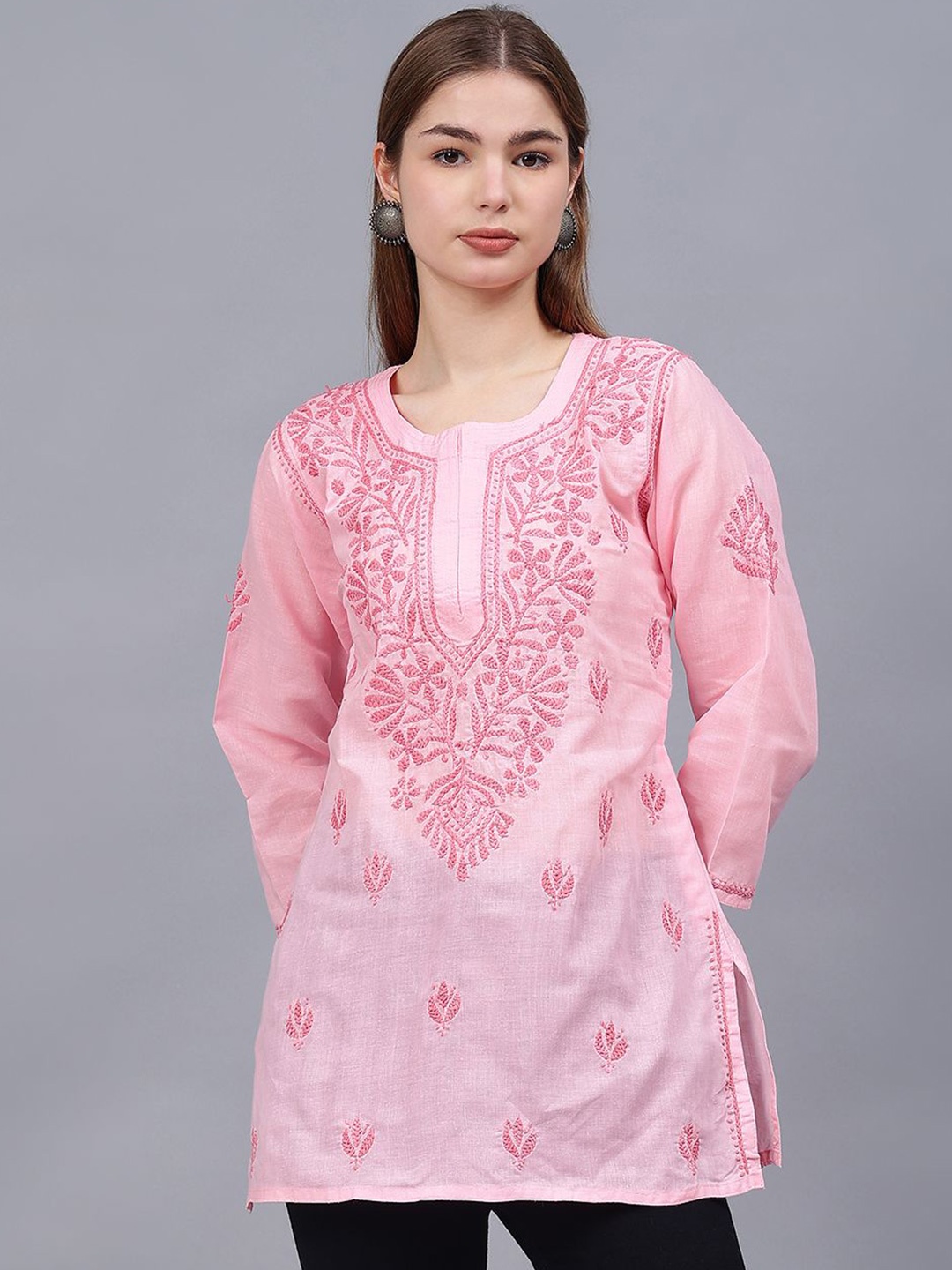 

Seva Chikan Ethnic Motifs Embroidered Chikankari Handloom Chikankari Kurti, Pink