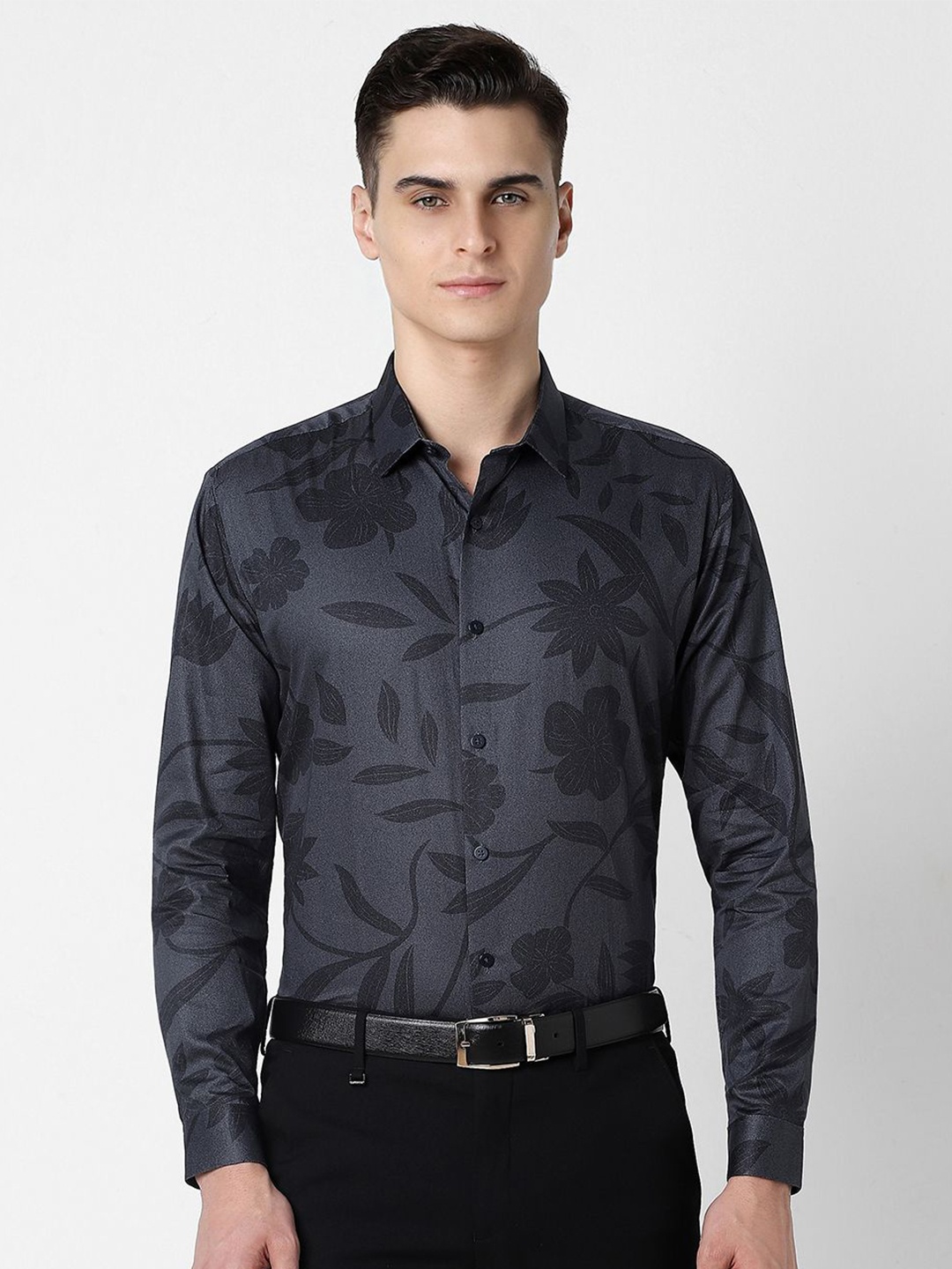 

V Dot Men Spread Collar Floral Printed Cotton Slim Fit Party Shirt, Grey