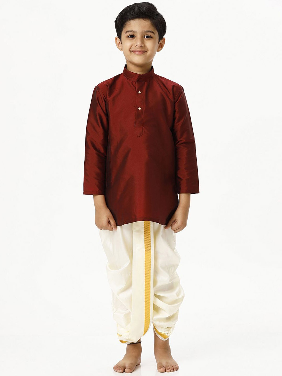 

Ramraj Boys Band Collar Silk Blend Kurta With Panchakacham, Maroon