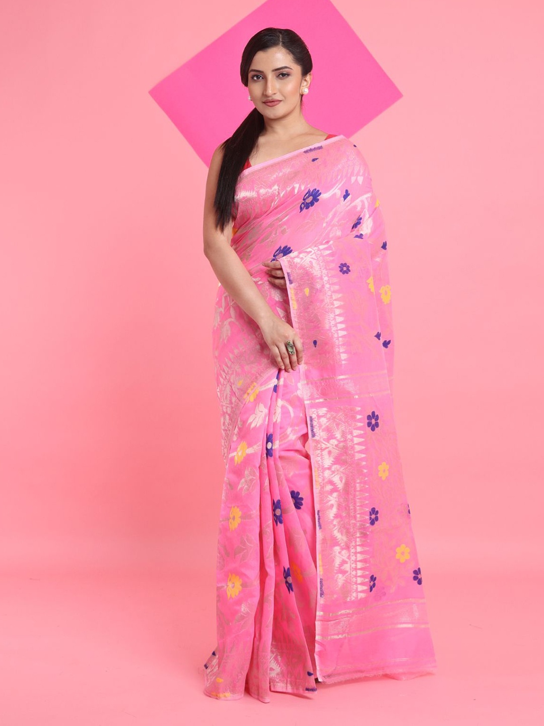

Arhi Woven Design Zari Silk Cotton Jamdani Saree, Pink