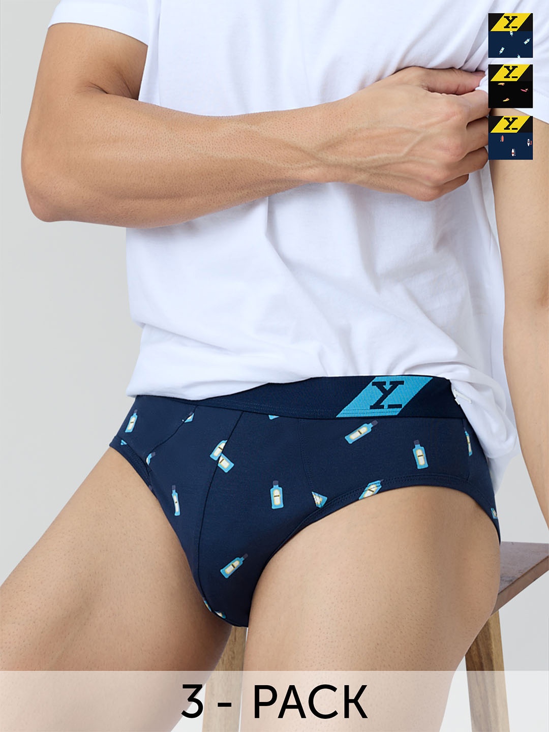 

XYXX Men Pack Of 3 Printed Cotton Basic Briefs XYBRF3PCKN895, Blue