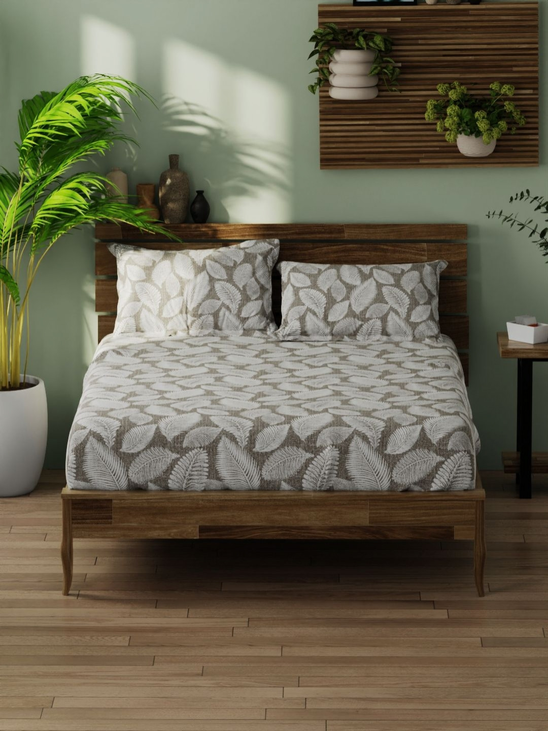 

BIANCA Grey & White Tropical Printed 180 TC Pure Cotton King Bedsheet with 2 Pillow Covers