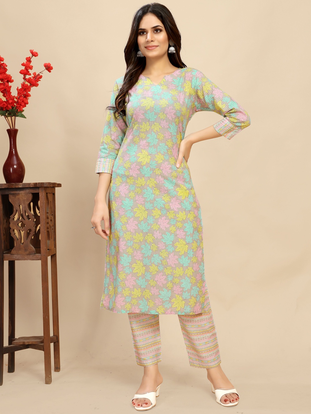 

AWRIYA Floral Printed Notch Neck Pure Cotton Straight Kurta With Trousers, Yellow
