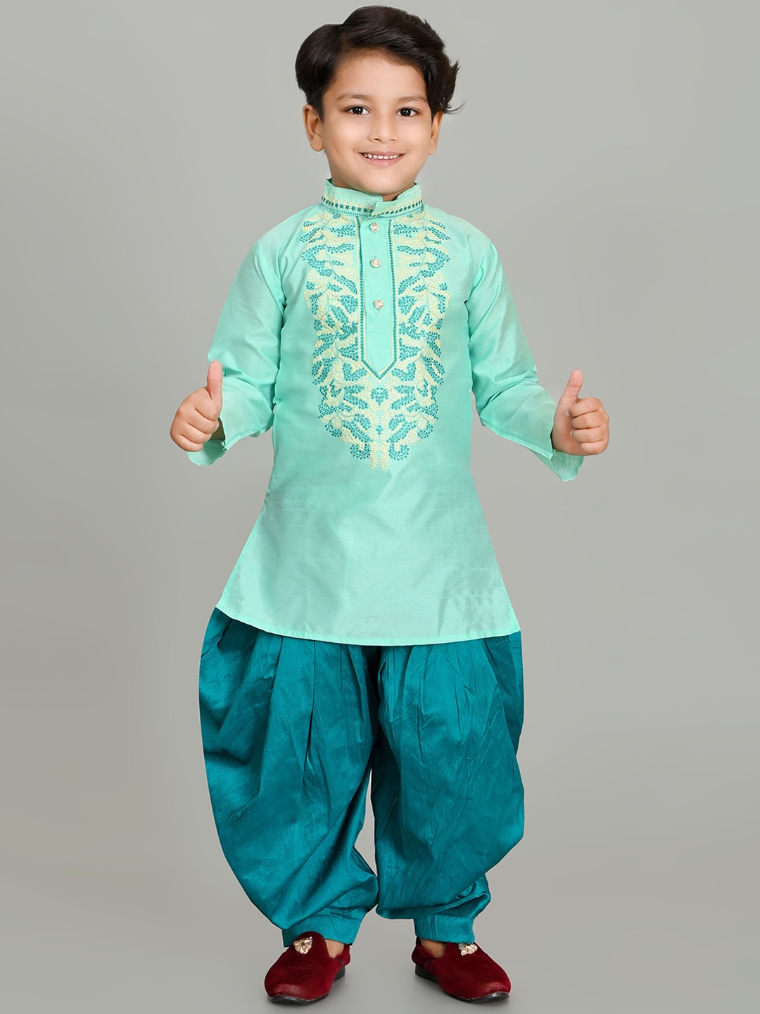 

NFC CREATION Boys Floral Embroidered Mandarin Collar Dupion Silk Kurta with Patiala, Green