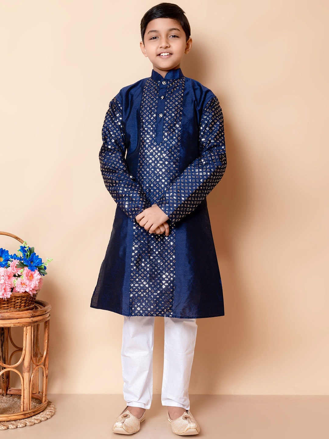 

NFC CREATION Boys Embroidered Mandarin Collar Sequinned Dupion Silk Kurta with Pyjamas, Navy blue