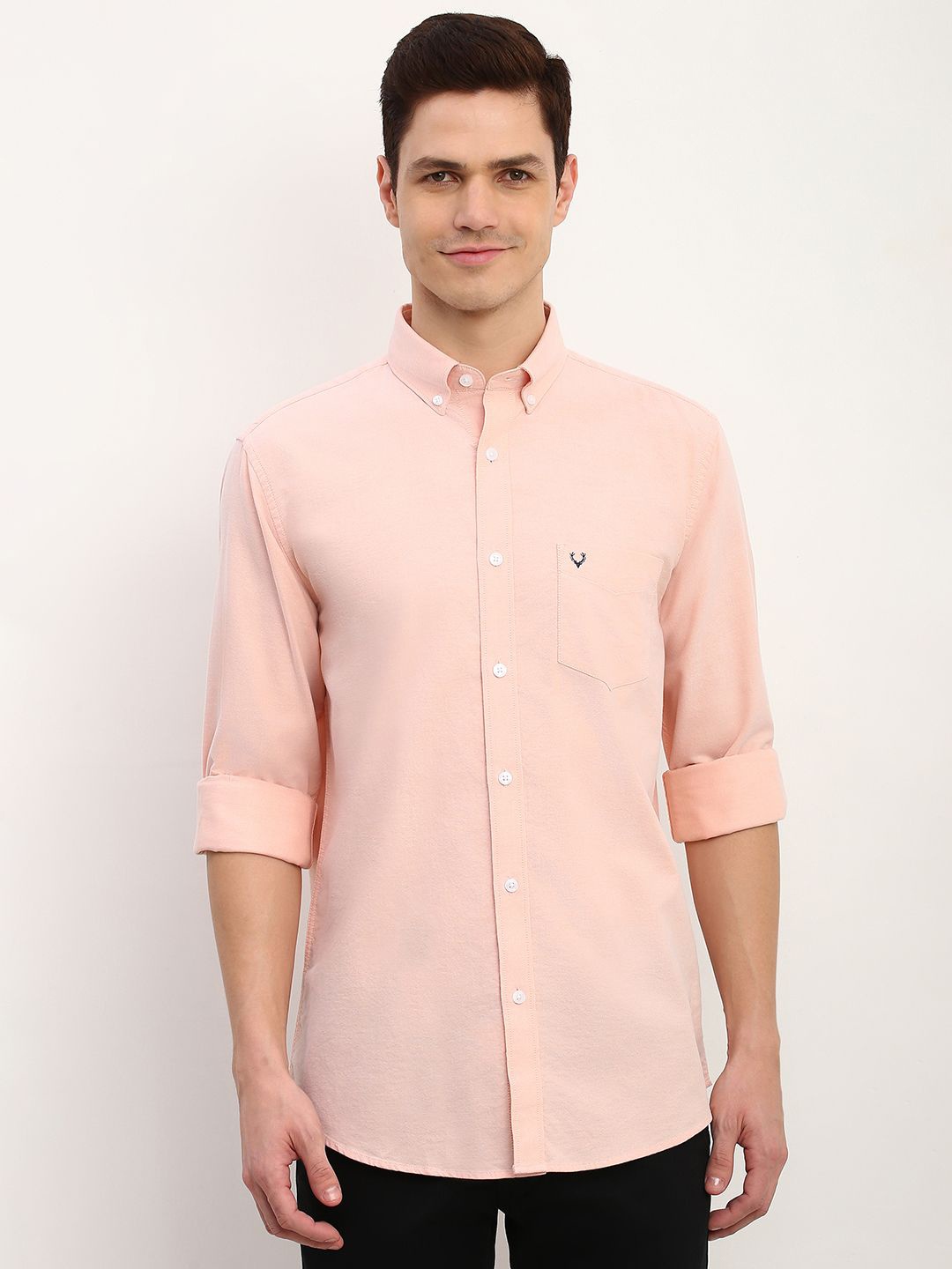 

Allen Solly Men Button-Down Collar Solid Cotton Slim Fit Casual Shirt, Peach