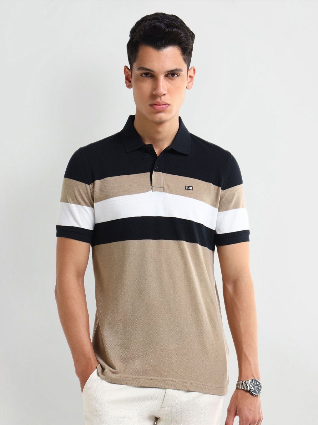 

Arrow Men Colourblocked Polo Collar Cotton T-shirt, Beige