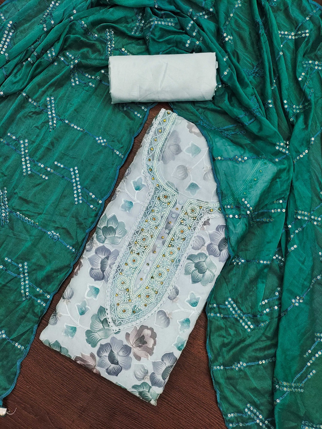 

KALINI Floral Printed Beads & Stones Organza Unstitched Dress Material, White