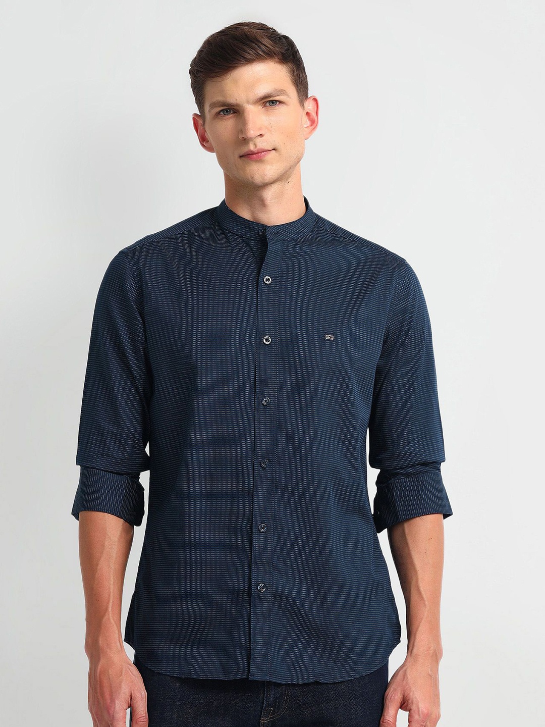 

Arrow Men Classic Band Collar Solid Cotton Casual Shirt, Navy blue