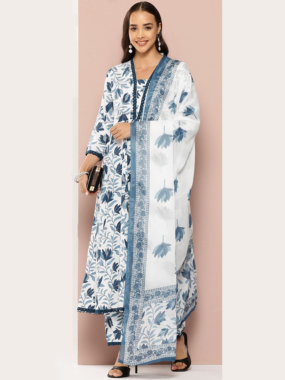 

PARTHVI Floral Printed Pure Cotton Anarkali Kurta with Trousers & Dupatta, Blue