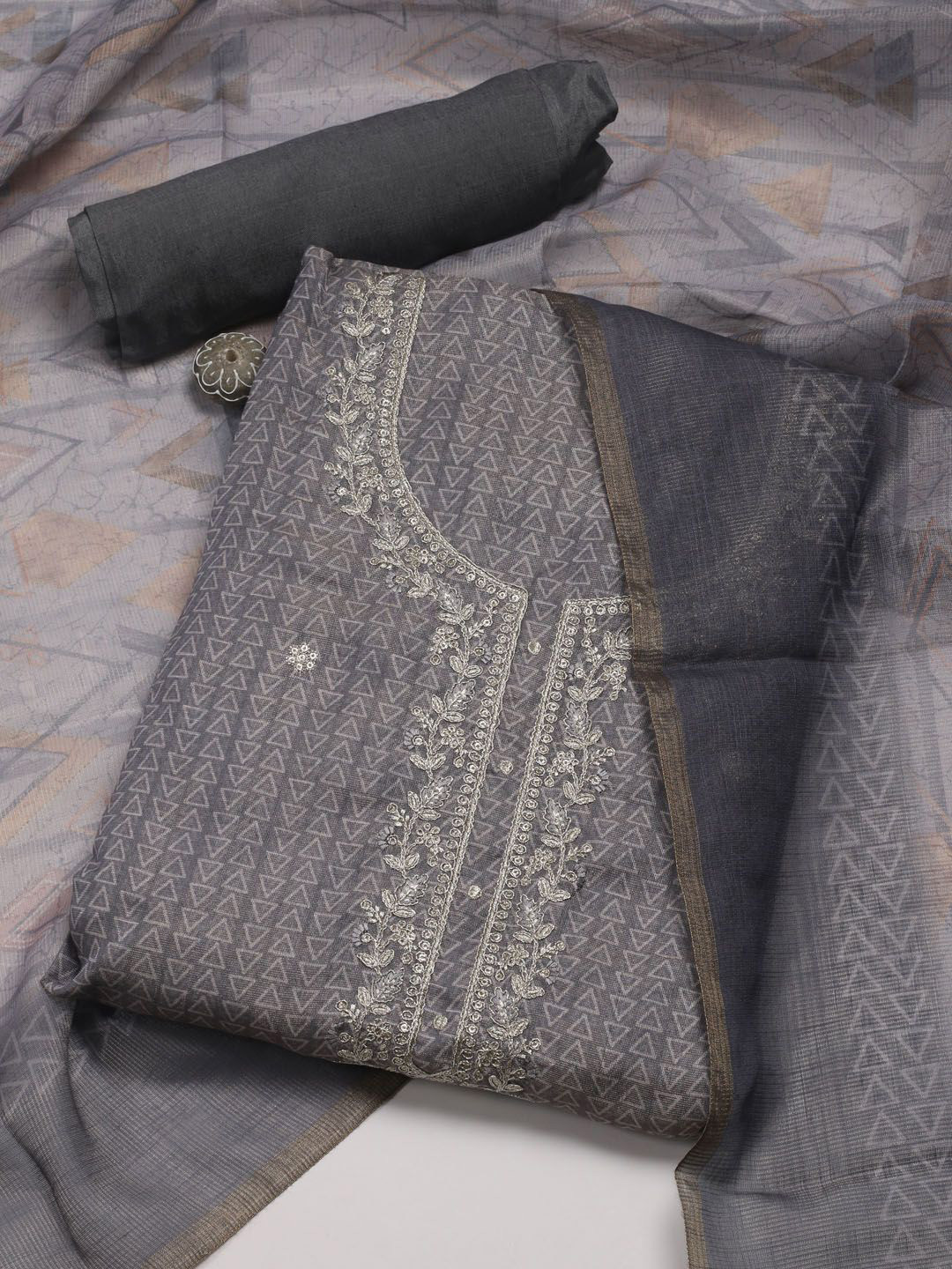 

Meena Bazaar Printed Thread Work Unstitched Dress Material, Grey