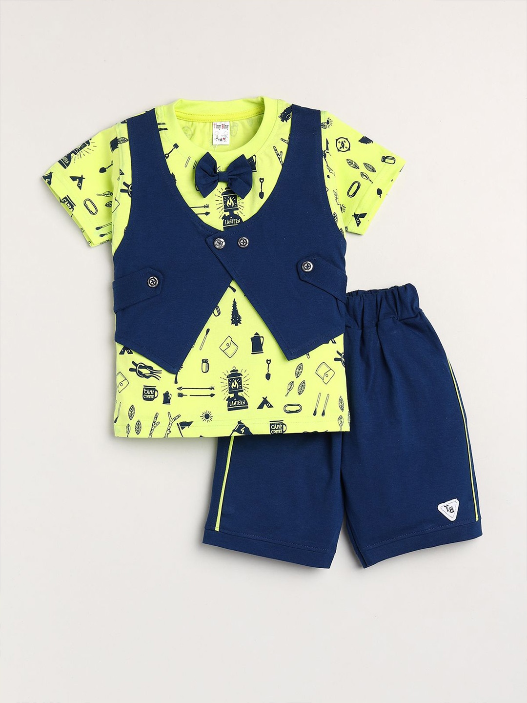 

TINY BINY Boys Printed Pure Cotton T-shirt With Short, Lime green