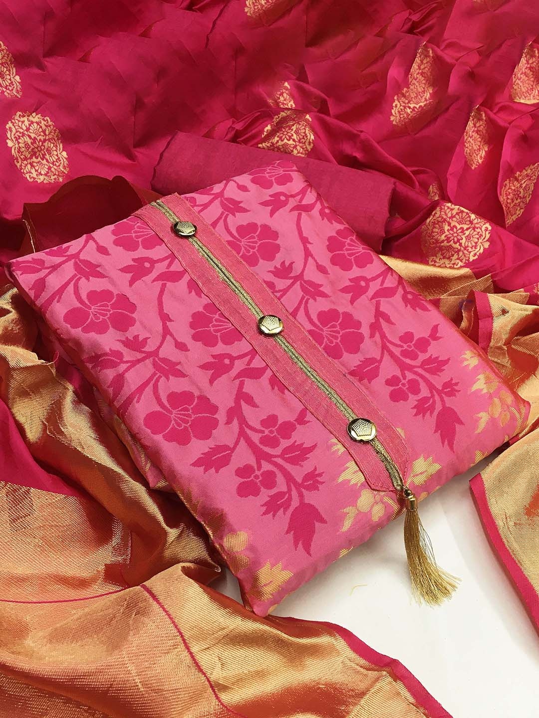 

Ishin Floral Woven Design Zari Unstitched Dress Material, Pink