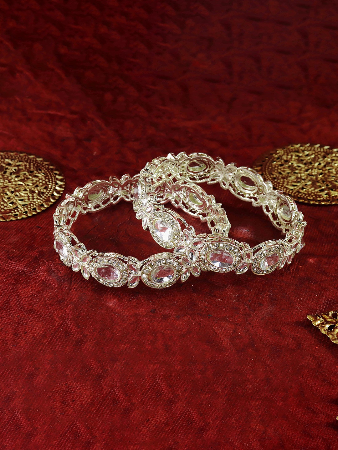 

LAVAZZA Set Of 2 Zircon & Kundan Studded Bangles, Silver