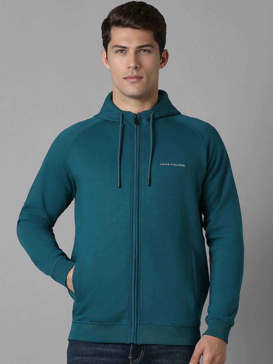 

Louis Philippe Men Solid Hooded Pure Cotton Sweatshirt, Green