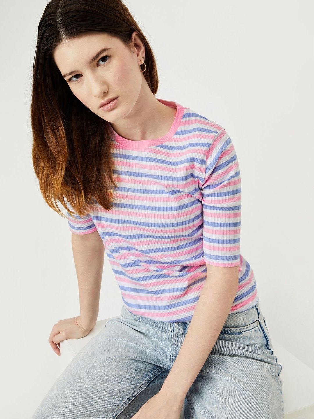 

max Women Striped Round Neck Cotton T-shirt, Pink
