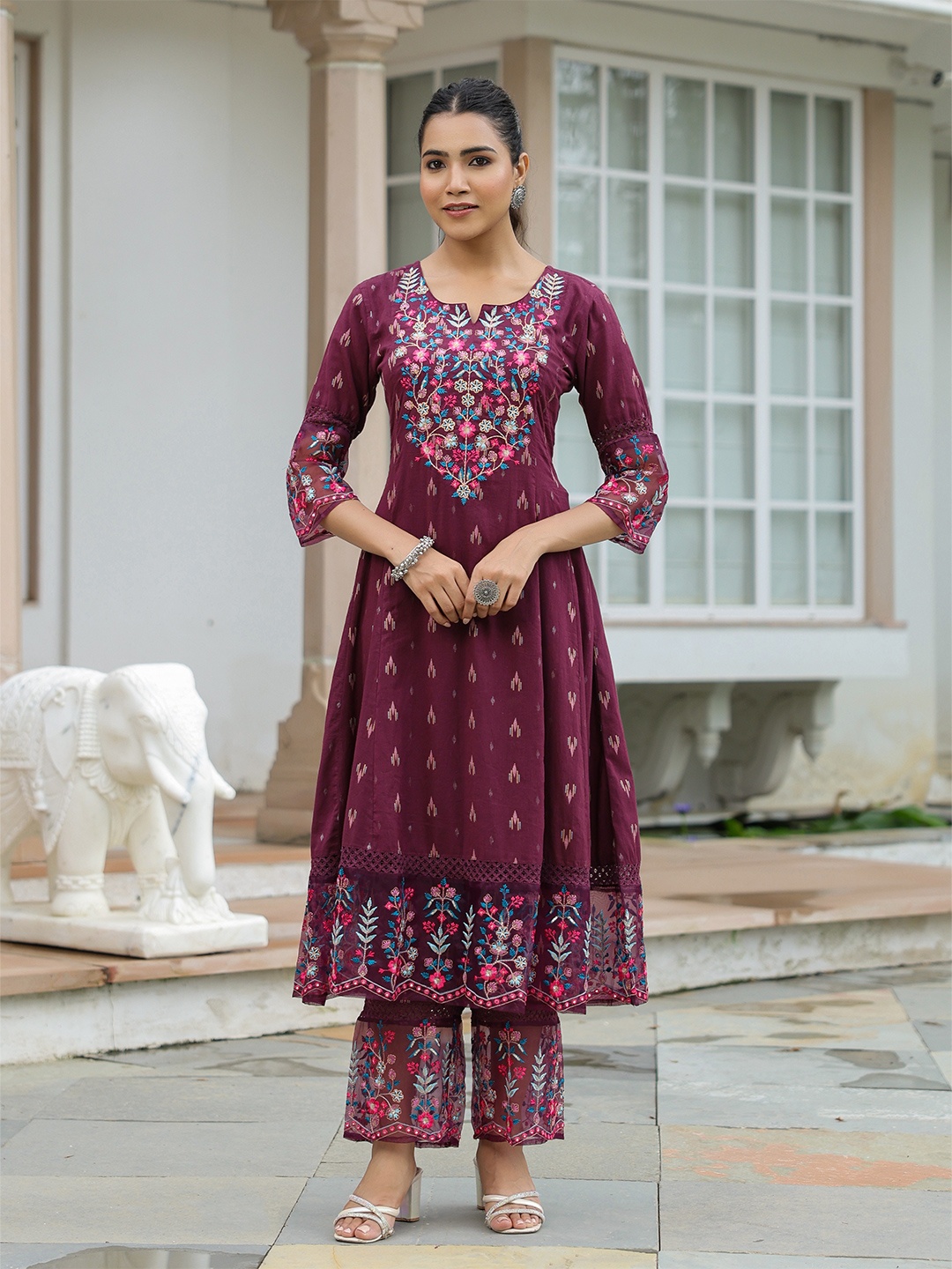 

FASHOR Floral Embroidered Panelled Sequinned Pure Cotton A-Line Kurta With Palazzo, Purple